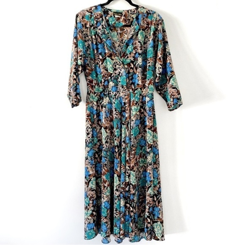 Stuart Alan vintage 80’s blue floral print midi long sleeve dress size 12